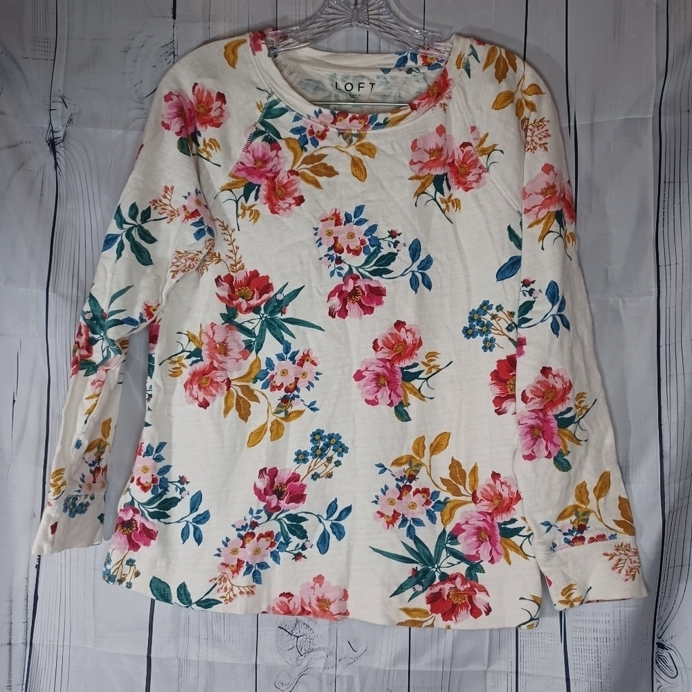 LOFT 100% Cotton Long Sleeve Floral Print Top - Cream and Pink Size S